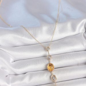 Pirinç Zincir Kehribar Sarı Gold Renk  Zirkon Taşlı Y Kolye - Görsel 2