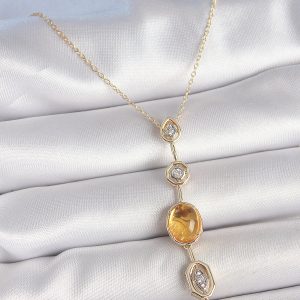 Pirinç Zincir Kehribar Sarı Gold Renk  Zirkon Taşlı Y Kolye - Görsel 1