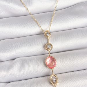 Pirinç Zincir Pembe Gold Renk Zirkon Taşlı Y Kolye - Görsel 1