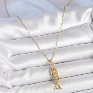 316L Çelik Zincir Gold Renk Zirkon Taşlı Balık Figürlü Kolye - Görsel 2