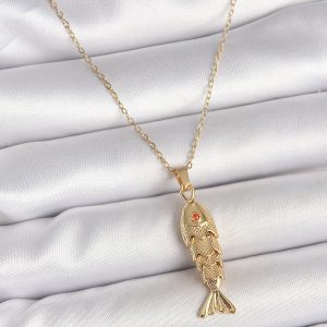 316L Çelik Zincir Gold Renk Zirkon Taşlı Balık Figürlü Kolye - Görsel 1