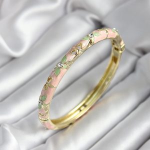 Mineli Pirinç Pembe Çiçek Desenli Zirkon Taşlı Gold Renk Kadın Kelepçe - Görsel 1