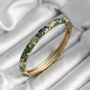 Mineli Pirinç Yeşil Çiçek Desenli Gold Renk Kadın Kelepçe (çap 60 mm) - Görsel 1