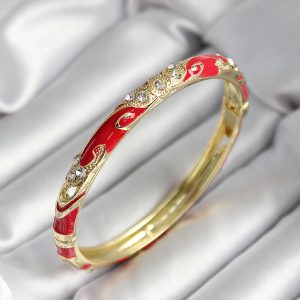 Mineli Pirinç Kırmızı Çiçek Desenli Zirkon Taşlı Gold Renk Kadın Kelepçe - Görsel 1
