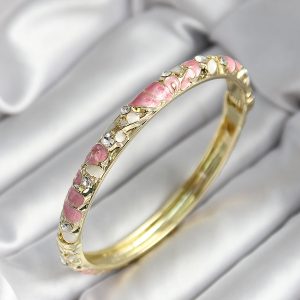 Mineli Pirinç Pembe Çiçek Desenli Zirkon Taşlı Gold Renk Kadın Kelepçe - Görsel 1