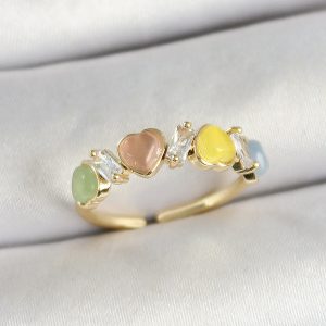 Pirinç Sıralı Kalp Figürlü Zirkon Taşlı Gold Renk Ayarlanabilir Kadın Yüzük - Görsel 1