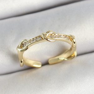 Pirinç Düğüm Figürlü Zirkon Taşlı Gold Renk Ayarlanabilir Kadın Yüzük - Görsel 1