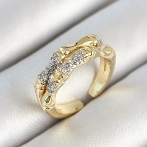 Pirinç Kemik Figürlü Zirkon Taşlı Gold Renk Ayarlanabilir Kadın Yüzük - Görsel 1