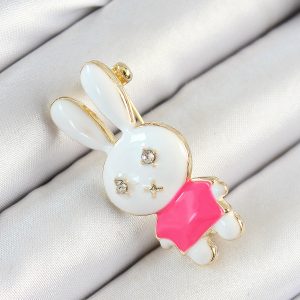 Zirkon Taş Detaylı Beyaz Ve Pembe 3D Tavşan Figürlü Kadın Broş - Görsel 1