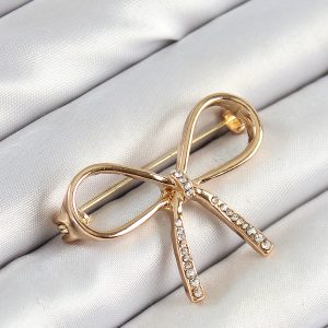 Zirkon Taş Detaylı 3D Fiyonk Figürlü Gold Renk Kadın Broş - Görsel 1