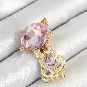 Pembe Zirkon Taşlı Kap Detaylı Kedi Figürlü Gold Renk Kadın Broş - Görsel 1