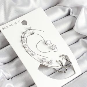 316L Çelik Kalp Figürlü Ve Zirkon Taşlı Gümüş Renk 7'li Çift Kadın Küpe Set - Görsel 1