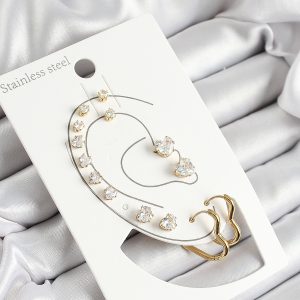 316L Çelik Kalp Figürlü Ve Zirkon Taşlı Gold Renk 7'li Çift Kadın Küpe Set - Görsel 1