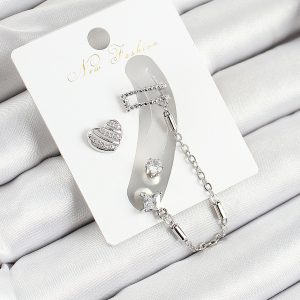 Pirinç Kalp Figürlü Zirkon Taşlı Gümüş Renk 3'lü Kıkırdak Kadın Küpe Set - Görsel 1