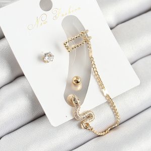 Pirinç Yılan Figürlü Zirkon Taşlı Gold Renk 3'lü Kıkırdak Kadın Küpe Set - Görsel 1