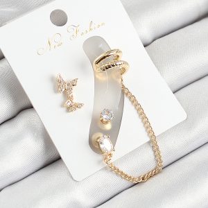 Pirinç Kelebek Figürlü Zirkon Taşlı Gold Renk 3'lü Kıkırdak Kadın Küpe Set - Görsel 1