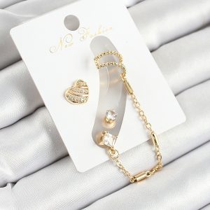 Pirinç Kalp Figürlü Zirkon Taşlı Gold Renk 3'lü Kıkırdak Kadın Küpe Set - Görsel 1