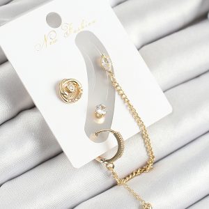 Pirinç Halka Figürlü Zirkon Taşlı Gold Renk 3'lü Kıkırdak Kadın Küpe Set - Görsel 1