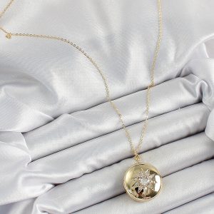 316L Çelik Zincir Açılabilir Madalyon Model Zirkon Taşlı Gold Renk Kadın Kolye - Görsel 3