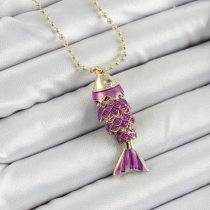 Pirinç Mor Balık Model Zirkon Taşlı Gold Renk Kadın Kolye - Görsel 1