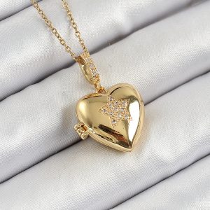 316L Çelik Zincir Açılabilir Yıldız Figürlü Kalp Model Zirkon Taşlı Gold Renk Kadın Kolye - Görsel 1