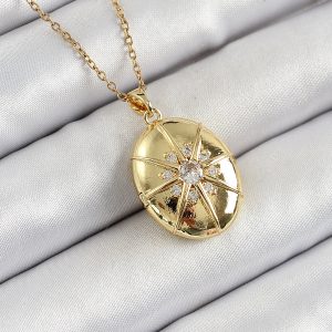 316L Çelik Zincir Açılabilir Madalyon Model Zirkon Taşlı Gold Renk Kadın Kolye - Görsel 1