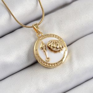 316L Çelik Zincir Beyaz Mineli Sanatsal Portre İstiridye Model Gold Renk Kadın Kolye - Görsel 1