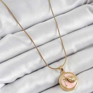 316L Çelik Zincir Pembe Mineli Sanatsal Portre İstiridye Model Gold Renk Kadın Kolye - Görsel 2