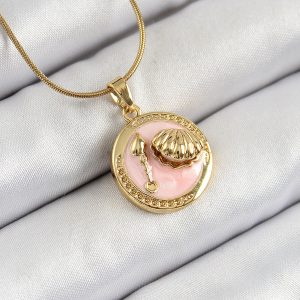 316L Çelik Zincir Pembe Mineli Sanatsal Portre İstiridye Model Gold Renk Kadın Kolye - Görsel 1