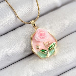 316L Çelik Zincir Zirkon Taşlı Pembe Sanatsal Portre Gül Figürlü Beşgen Model Gold Renk Kadın Kolye - Görsel 1