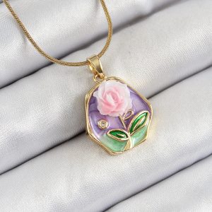 316L Çelik Zincir Zirkon Taşlı Pembe Ve Mor Sanatsal Portre Gül Figürlü Beşgen Model Gold Renk Kadın Kolye - Görsel 1