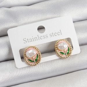 Pirinç Pembe Mineli Lale Figürlü Sanatsal Portre Model Gold Renk Kadın Küpe - Görsel 1