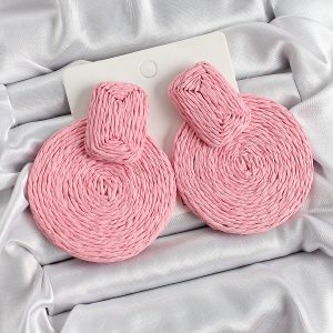 Pembe Daire Figürlü Hasır Örgü Model Gold Renk Kadın Küpe - Görsel 1