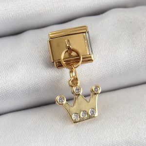316L Çelik Sallantılı Zirkon Taşlı Kraliçe Tacı Model Gold Renk Nomination Charm - Görsel 1
