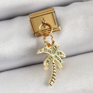 316L Çelik Sallantılı Zirkon Taşlı Palmiye Ağacı Model Gold Renk Nomination Charm - Görsel 1