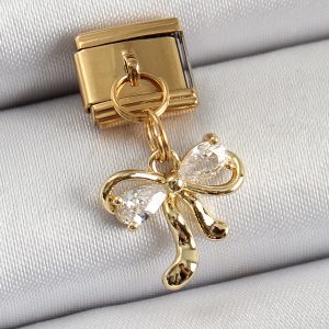 316L Çelik Sallantılı Zirkon Taşlı Fiyonk Model Gold Renk Nomination Charm - Görsel 1
