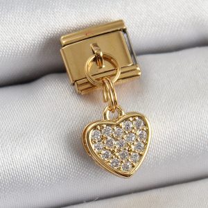316L Çelik Sallantılı Zirkon Taşlı Kalp Model Gold Renk Nomination Charm - Görsel 1