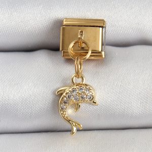 316L Çelik Sallantılı Zirkon Taşlı Yunus Balığı Model Gold Renk Nomination Charm - Görsel 1