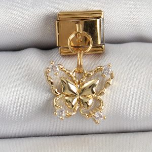 316L Çelik Sallantılı Zirkon Taşlı Kelebek Model Gold Renk Nomination Charm - Görsel 1