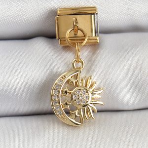 316L Çelik Sallantılı Zirkon Taşlı Ay Ve Güneş Model Gold Renk Nomination Charm - Görsel 1