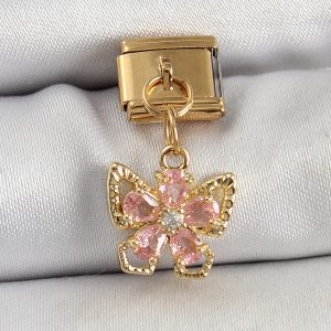 316L Çelik Sallantılı Zirkon Taşlı Çiçek Figürlü Kelebek Model Gold Renk Nomination Charm - Görsel 1