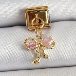 316L Çelik Sallantılı Zirkon Taşlı Fiyonk Model Gold Renk Nomination Charm - Görsel 1