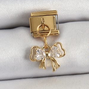 316L Çelik Sallantılı Zirkon Taşlı Fiyonk Model Gold Renk Nomination Charm - Görsel 1