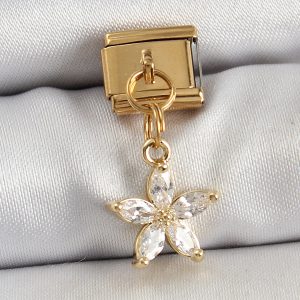 316L Çelik Sallantılı Zirkon Taşlı Çiçek Model Gold Renk Nomination Charm - Görsel 1