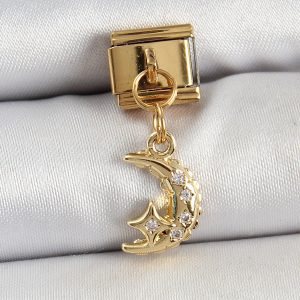 316L Çelik Sallantılı Zirkon Taşlı Ay Model Gold Renk Nomination Charm - Görsel 1