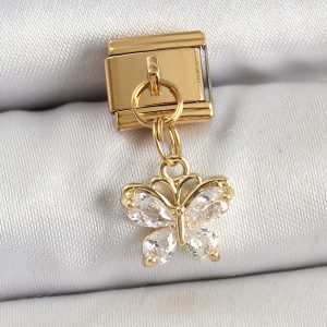 316L Çelik Sallantılı Zirkon Taşlı Kelebek Model Gold Renk Nomination Charm - Görsel 1