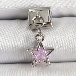 316L Çelik Gümüş Renk Pembe Taşlı Yıldız Model Nomination Charm - Görsel 1