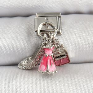 316L Çelik Gümüş Renk Pembe Elbise Kombini Model Nomination Charm - Görsel 1