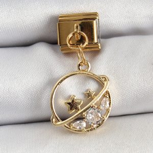316L Çelik Sallantılı Zirkon Taşlı Satürn Model Gold Renk Nomination Charm - Görsel 1