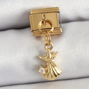 316L Çelik Sallantılı Zirkon Taşlı Deniz Yıldızı Ve İstiridye Model Gold Renk Nomination Charm - Görsel 1